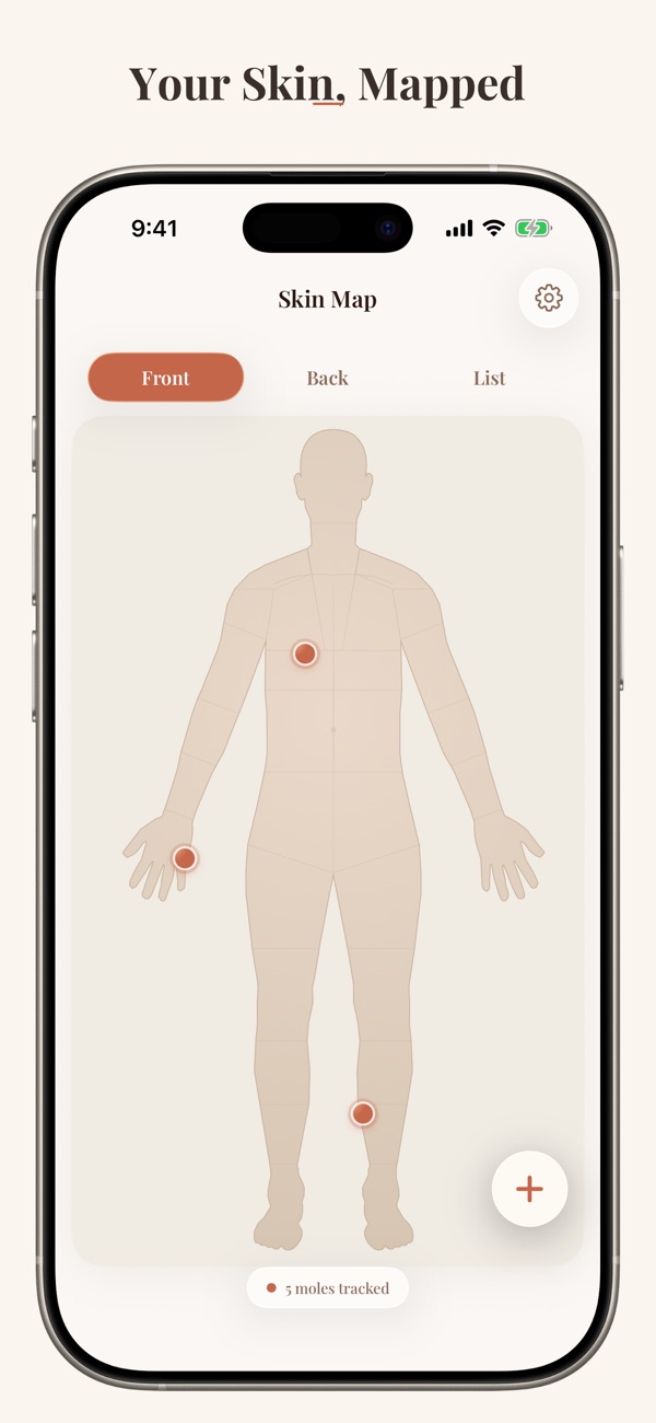 Skin Map front body map with recorded mole locations