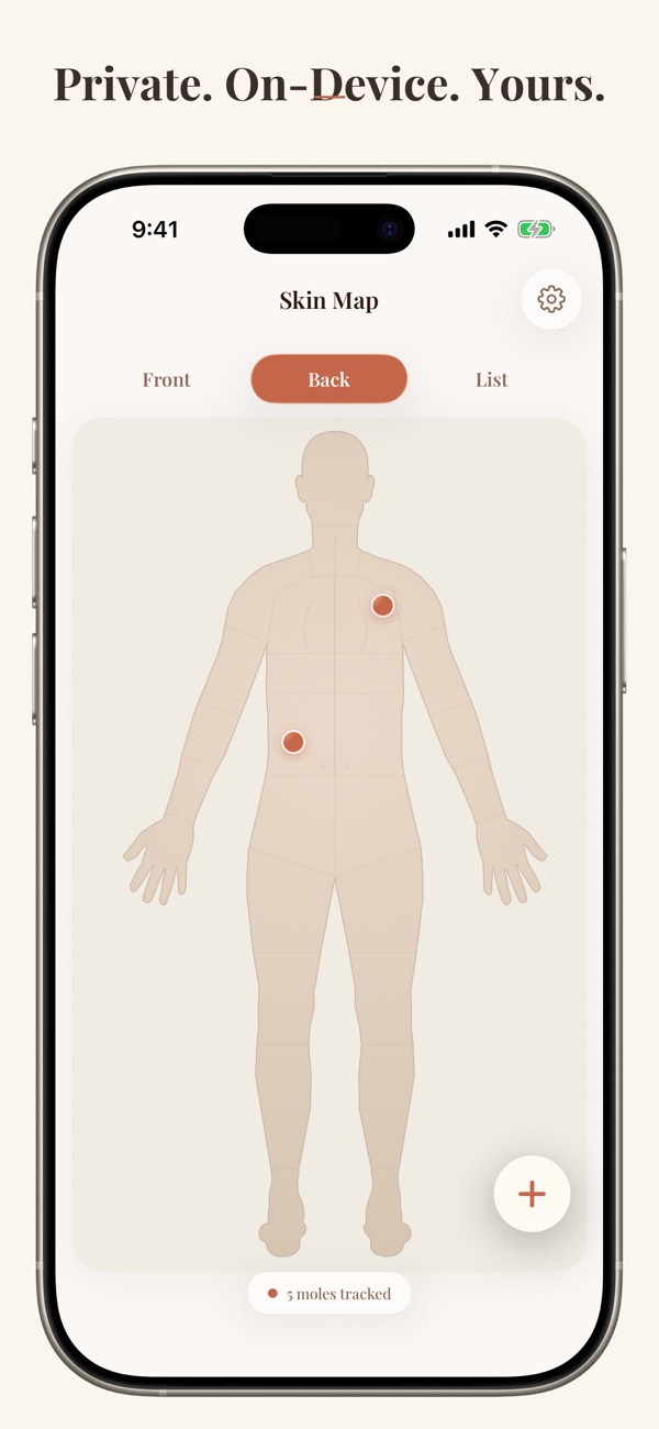 Skin Map body map with a message about private on-device storage