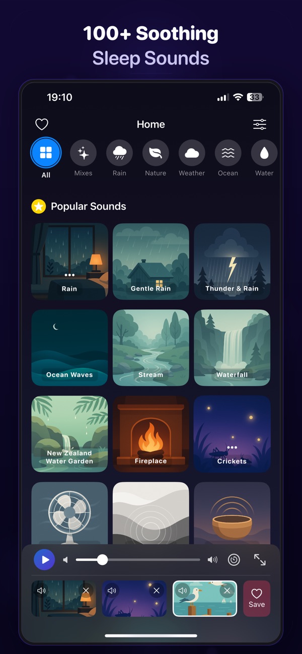 Softly sound library showing rain, nature, and sleep sounds