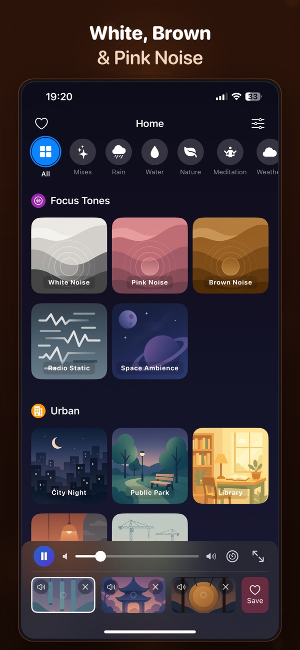 Softly white, brown, and pink noise options